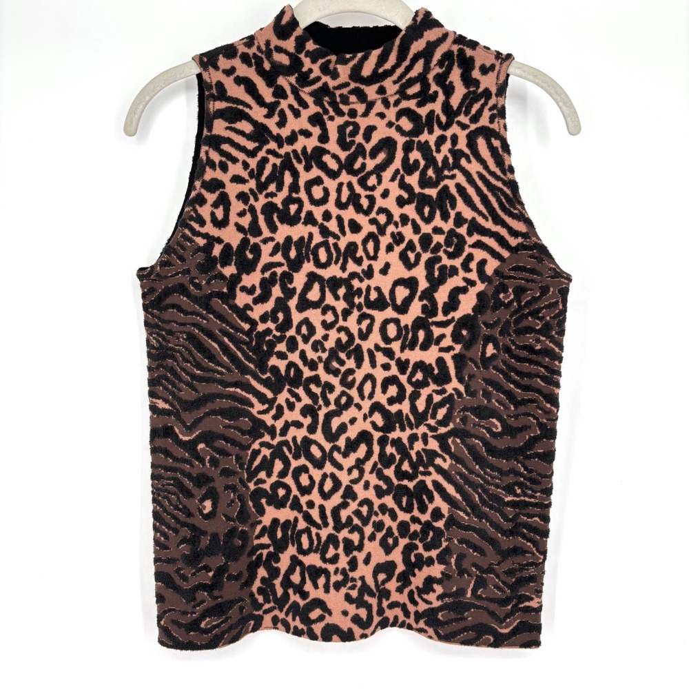 MILLY Sleeveless Mock Neck Sweater Sz M Brown Black Mixed Animal Print Tank Top